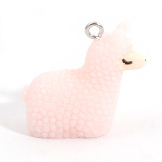 Picture of Resin Charms Alpaca Animal Silver Tone Light Pink 3D 27mm x 24mm, 5 PCs