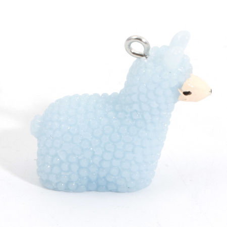 Image de Breloques en Résine Alpaga Animal 3D Argent Mat Bleu 27mm x 24mm, 5 Pcs