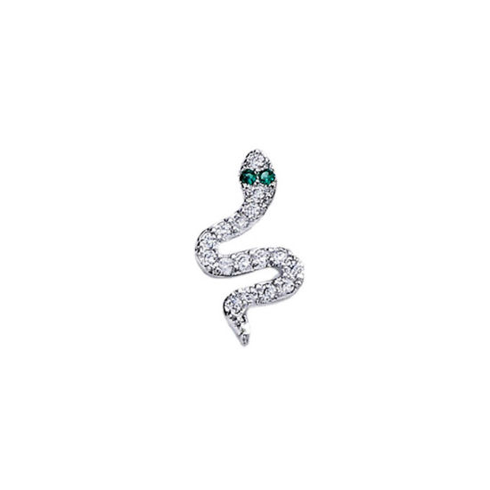 Picture of Brass Gothic Ear Post Stud Earrings Platinum Plated Snake Animal Clear & Green Rhinestone 1.2cm, 1 Piece                                                                                                                                                      