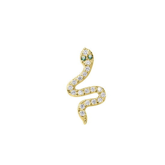 Picture of Brass Gothic Ear Post Stud Earrings Gold Plated Snake Animal Clear & Green Rhinestone 1.2cm, 1 Piece                                                                                                                                                          