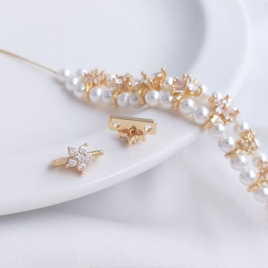 Image de Perles d'Espacement Accessories pour DIY Fabrication de Bijoux de Bracelet en Laiton & Zirconia Cubique Plaqué Or 14K Transparent Fleur Env. 10.5mm x 6mm, 2 Pcs