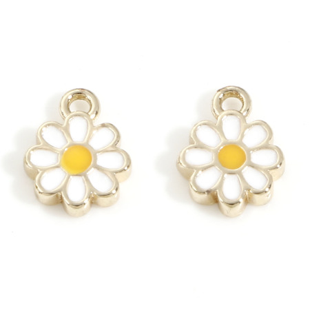 Bild von Messing Charms Gänseblümchen 14K Echtgold plattiert Weiß & Gelb Emaille 8mm x 6mm, 2 Stück