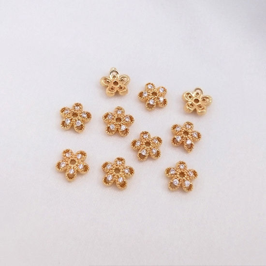 Image de Coupelles en Laiton Fleur Plaqué Or Véritable 14K Creux à Zircone Cubique Clair 6mm Dia., 2 Pcs