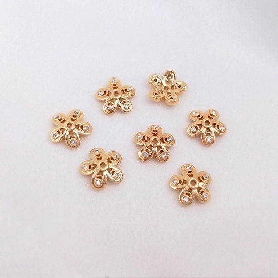 Image de Coupelles en Laiton Fleur Plaqué Or Véritable 14K Creux à Zircone Cubique Clair 8mm Dia., 2 Pcs