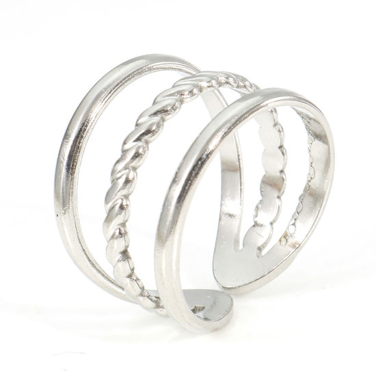 Picture of Eco-friendly 304 Stainless Steel Open Rings Silver Tone Braided Streak 18.1mm(US Size 8), 2 PCs