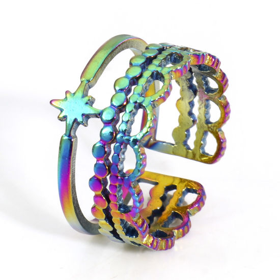 Picture of 2 PCs Vacuum Plating 304 Stainless Steel Open Rings Rainbow Color Plated Star Crown 16.9mm(US Size 6.5)