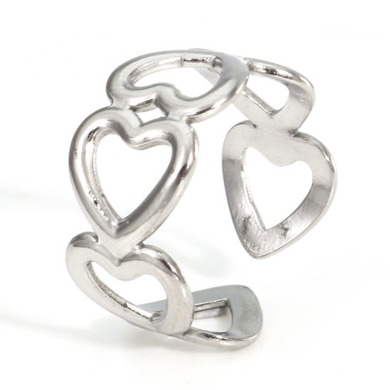 Picture of Eco-friendly 304 Stainless Steel Valentine's Day Open Rings Silver Tone Heart 17.3mm(US Size 7), 2 PCs
