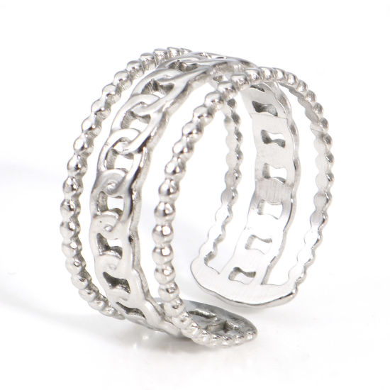Imagen de Respetuoso del Medio Ambiente 304 Acero Inoxidable Abierto Anillos Tono de Plata Cadena de Enlace 18.9mm (US Size 9) , 2 Unidades