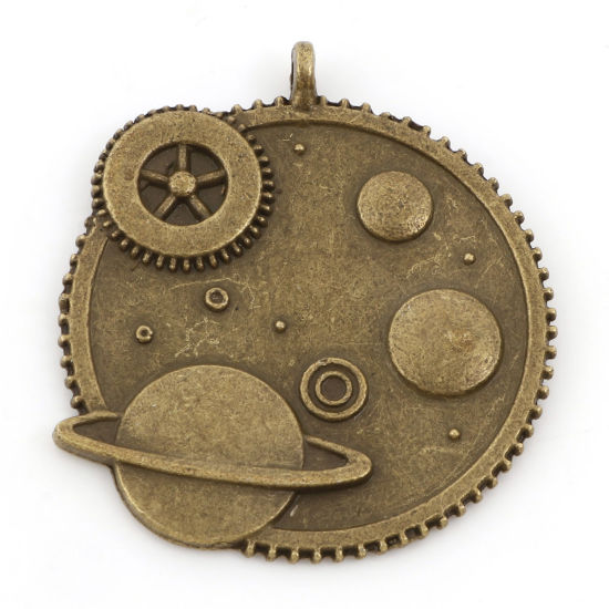 Picture of Zinc Based Alloy Steampunk Pendants Antique Bronze Planet Gear 4.1cm x 3.6cm, 5 PCs