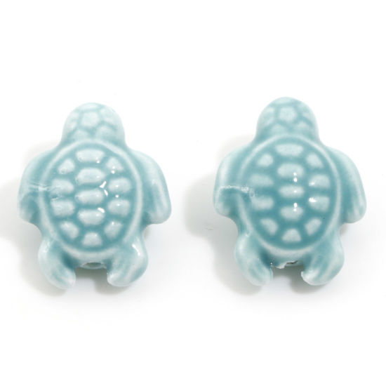Picture of Ceramic Ocean Jewelry Beads For DIY Charm Jewelry Making Sea Turtle Animal Green Blue Dyed About 18mm x 15mm, Hole: Approx 1.6mm, 34.5cm(13 5/8") long, 1 Strand (Approx 20 PCs/Strand)