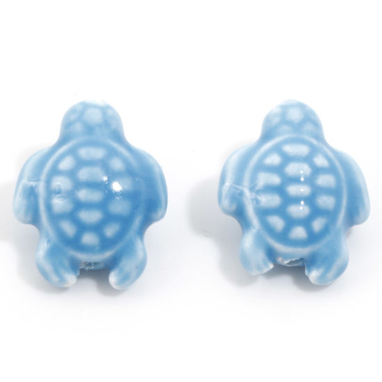 Picture of Ceramic Ocean Jewelry Beads For DIY Charm Jewelry Making Sea Turtle Animal Blue Dyed About 18mm x 15mm, Hole: Approx 1.6mm, 34.5cm(13 5/8") long, 1 Strand (Approx 20 PCs/Strand)