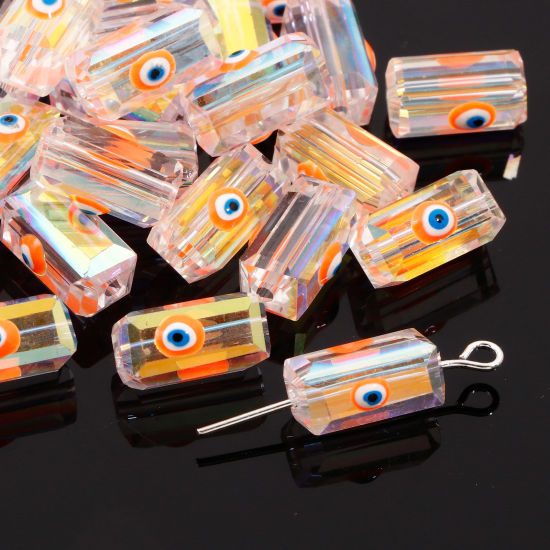 Picture of Glass Religious Beads For DIY Jewelry Making Rectangle Orange AB Rainbow Color Evil Eye Transparent Faceted About 12mm x 6mm, Hole: Approx 1.3mm, 2 PCs