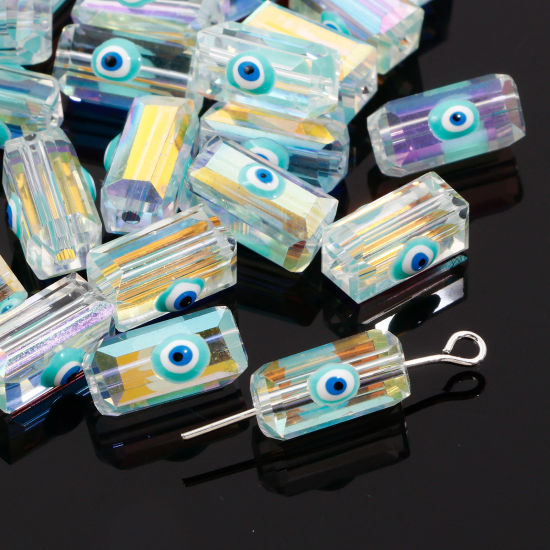 Picture of Glass Religious Beads For DIY Jewelry Making Rectangle Green AB Rainbow Color Evil Eye Transparent Faceted About 12mm x 6mm, Hole: Approx 1.3mm, 2 PCs