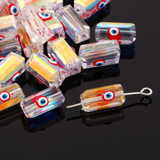 Picture of Glass Religious Beads For DIY Jewelry Making Rectangle Red AB Rainbow Color Evil Eye Transparent Faceted About 12mm x 6mm, Hole: Approx 1.3mm, 2 PCs