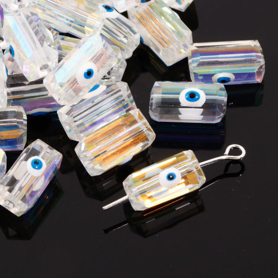 Picture of Glass Religious Beads For DIY Jewelry Making Rectangle White AB Rainbow Color Evil Eye Transparent Faceted About 12mm x 6mm, Hole: Approx 1.3mm, 2 PCs