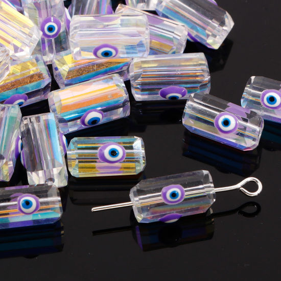 Picture of Glass Religious Beads For DIY Jewelry Making Rectangle Purple AB Rainbow Color Evil Eye Transparent Faceted About 12mm x 6mm, Hole: Approx 1.3mm, 2 PCs