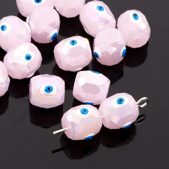 Picture of Glass Religious Beads For DIY Jewelry Making Barrel Light Pink AB Rainbow Color Evil Eye Faceted About 8mm x 8mm, Hole: Approx 1.2mm, 2 PCs