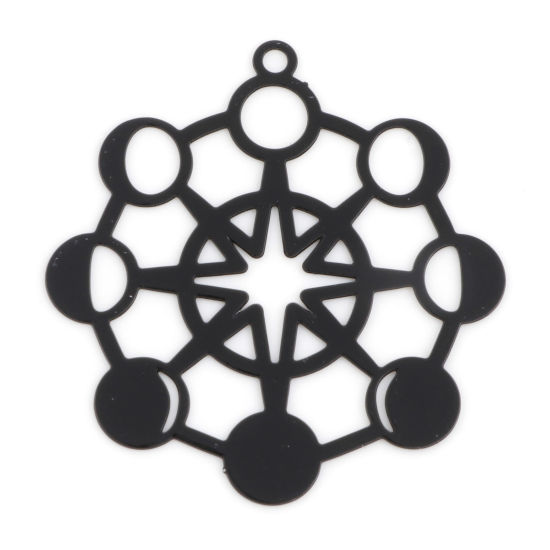 Bild von Legierung auf Eisenbasis, filigrane Stempel-Anhänger, schwarzer Stern, Mondphasen, bemalt, 3,2 cm x 3 cm, 10 Stück