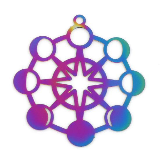 Bild von Legierung auf Eisenbasis, Galaxie, filigrane Stempelanhänger, Regenbogenfarben, plattiert, Stern, Mondphasen, 3,2 cm x 3 cm, 10 Stück