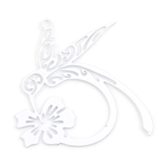 Image de 10 Pcs Breloques Estampe en Filigrane en Alliage de Fer Blanc Fleur Oiseau-Mouche Laqué 27mm x 26mm