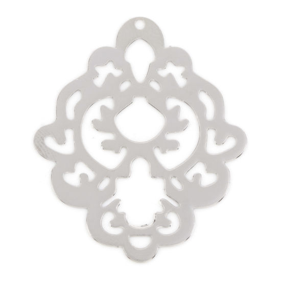 Imagen de Hierro Filigrana Estampación Colgantes Diamond Tono de Plata 4cm x 3.3cm, 5 Unidades