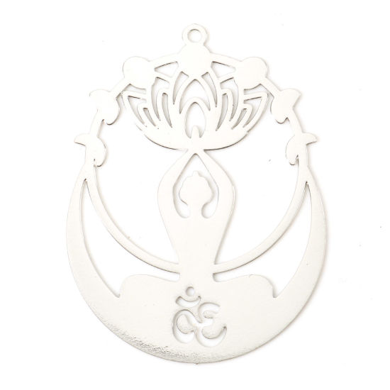 Image de Pendentifs Estampage en Filigrane Religieux en Alliage de Fer Symbole OM/ Aum Argent Mat Fleur de Lotus 4.4cm x 3.2cm, 5 Pcs