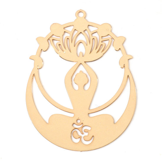 Image de Pendentifs Estampage en Filigrane Religieux en Alliage de Fer Symbole OM/ Aum Plaqué Or KC Fleur de Lotus 4.4cm x 3.2cm, 5 Pcs