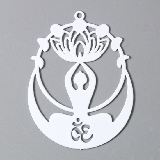 Image de Pendentifs Estampage en Filigrane Religieux en Alliage de Fer Symbole OM/ Aum Blanc Fleur de Lotus Laqué 4.4cm x 3.2cm, 5 Pcs