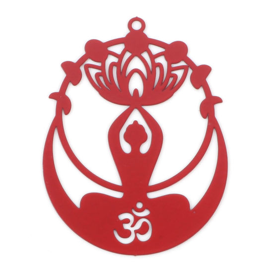 Image de Pendentifs Estampage en Filigrane Religieux en Alliage de Fer Symbole OM/ Aum Rouge Fleur de Lotus Laqué 4.4cm x 3.2cm, 5 Pcs