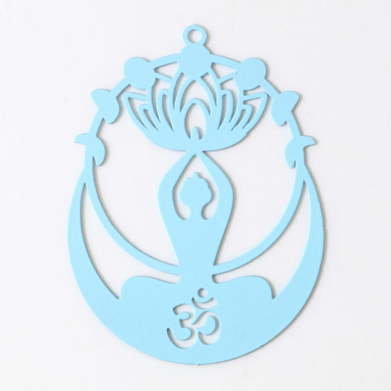 Image de Pendentifs Estampage en Filigrane Religieux en Alliage de Fer Symbole OM/ Aum Bleu Clair Fleur de Lotus Laqué 4.4cm x 3.2cm, 5 Pcs