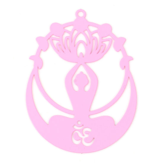 Image de Pendentifs Estampage en Filigrane Religieux en Alliage de Fer Symbole OM/ Aum Rose Fleur de Lotus Laqué 4.4cm x 3.2cm, 5 Pcs