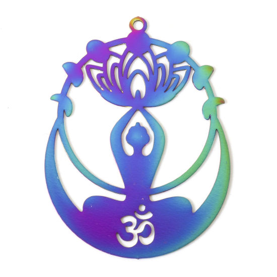Image de Pendentifs Estampage en Filigrane Religieux en Alliage de Fer Symbole OM/ Aum Plaqué de Couleur Arc-en-ciel Fleur de Lotus 4.4cm x 3.2cm, 5 Pcs