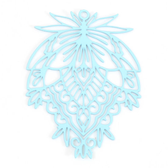 Immagine di Lega di Ferro Filigree Stamping Ciondoli Foglia Blu Chiaro Pittura 3.8cm x 2.8cm , 10 Pz
