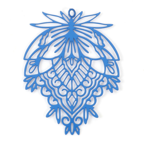 Immagine di Lega di Ferro Filigree Stamping Ciondoli Foglia Blu Marino Pittura 3.8cm x 2.8cm , 10 Pz