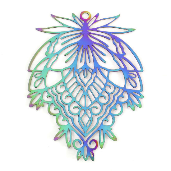 Immagine di Lega di Ferro Filigree Stamping Ciondoli Foglia Colore Arcobaleno Placcato 3.8cm x 2.8cm , 10 Pz