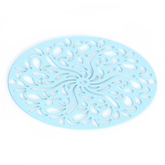Picture of Iron Based Alloy Filigree Stamping Connectors Oval Light Blue Painted 3.1cm x 2.1cm, 10 PCs