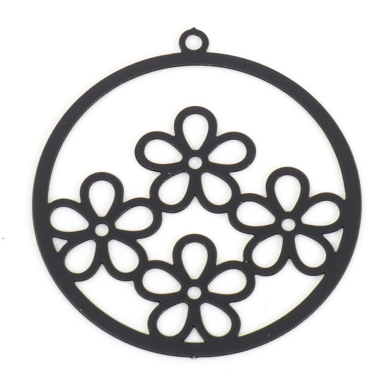 Immagine di Lega di Ferro Filigree Stamping Charms Tondo Nero Fiore Pittura 27mm x 25mm , 10 Pz