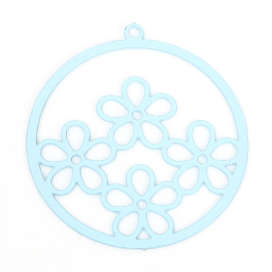 Immagine di Lega di Ferro Filigree Stamping Charms Tondo Blu Chiaro Fiore Pittura 27mm x 25mm , 10 Pz