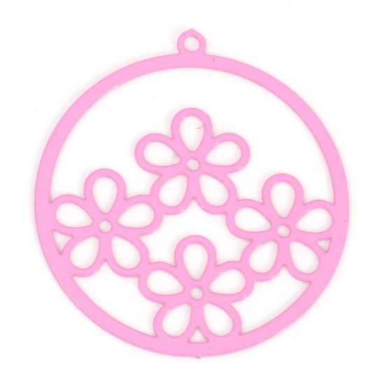 Immagine di Lega di Ferro Filigree Stamping Charms Tondo Rosa Fiore Pittura 27mm x 25mm , 10 Pz
