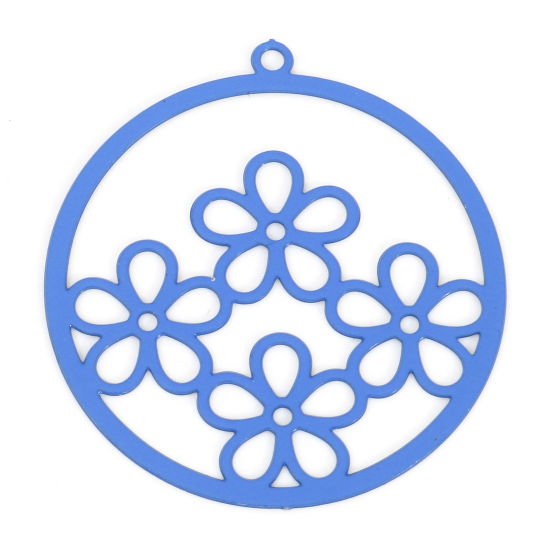 Immagine di Lega di Ferro Filigree Stamping Charms Tondo Blu Marino Fiore Pittura 27mm x 25mm , 10 Pz