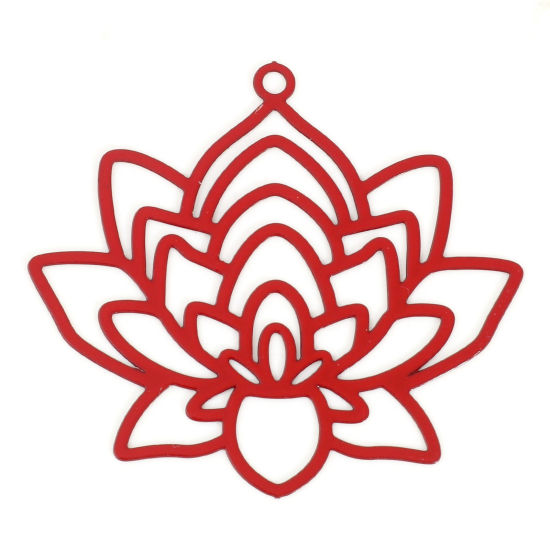 Image de Pendentifs Estampage en Filigrane Religieux en Alliage de Fer Fleur de Lotus Rouge Laqué 3.4cm x 3.1cm, 10 Pcs