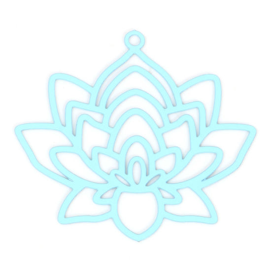 Image de Pendentifs Estampage en Filigrane Religieux en Alliage de Fer Fleur de Lotus Bleu Clair Laqué 3.4cm x 3.1cm, 10 Pcs