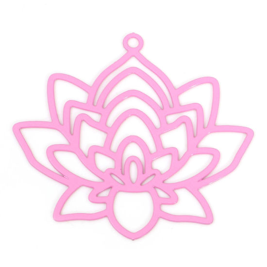 Image de Pendentifs Estampage en Filigrane Religieux en Alliage de Fer Fleur de Lotus Rose Laqué 3.4cm x 3.1cm, 10 Pcs