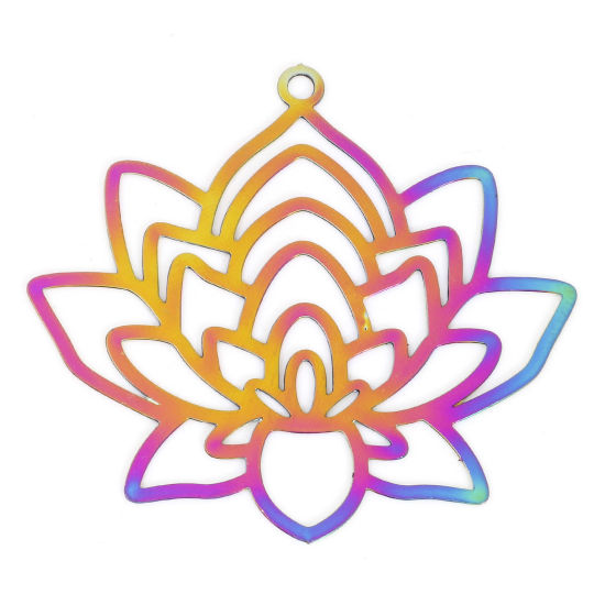 Image de Pendentifs Estampage en Filigrane Religieux en Alliage de Fer Fleur de Lotus Plaqué de Couleur Arc-en-ciel 3.4cm x 3.1cm, 10 Pcs