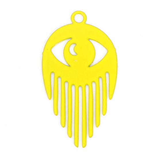 Immagine di Lega di Ferro Filigree Stamping Ciondoli Occhi Giallo Nappine Pittura 3cm x 1.6cm , 10 Pz