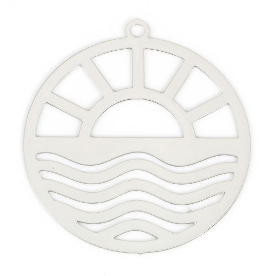 Picture of Iron Based Alloy Filigree Stamping Charms Silver Tone Round Sun 29mm x 26mm, 10 PCs