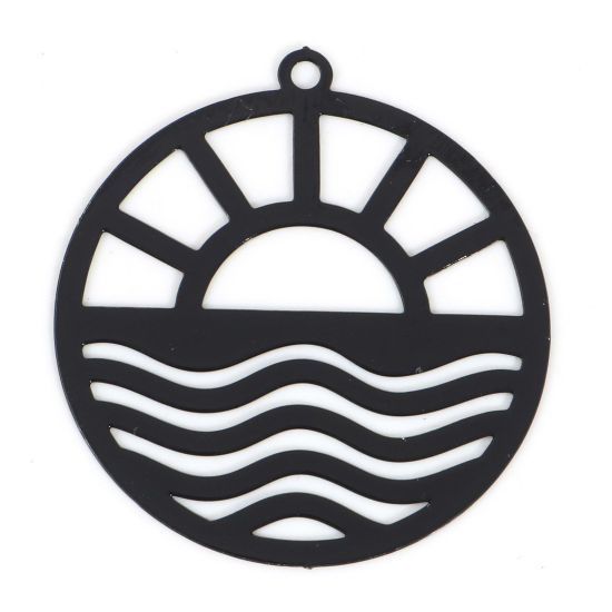 Picture of Iron Based Alloy Filigree Stamping Charms Black Round Sun Painted 29mm x 26mm, 10 PCs