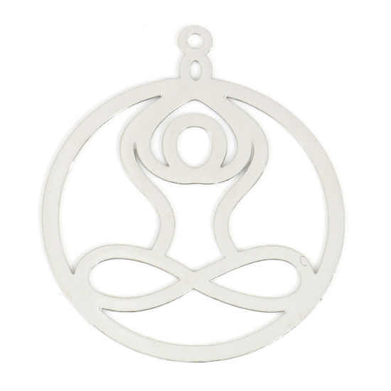 Imagen de Hierro Filigrana Estampación Colgantes Yoga Tono de Plata Ronda 3.5cm x 3cm, 10 Unidades