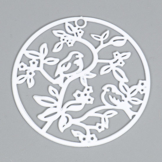 Immagine di Lega di Ferro Filigree Stamping Ciondoli Tondo Bianco Uccello Pittura 3.1cm Dia, 10 Pz