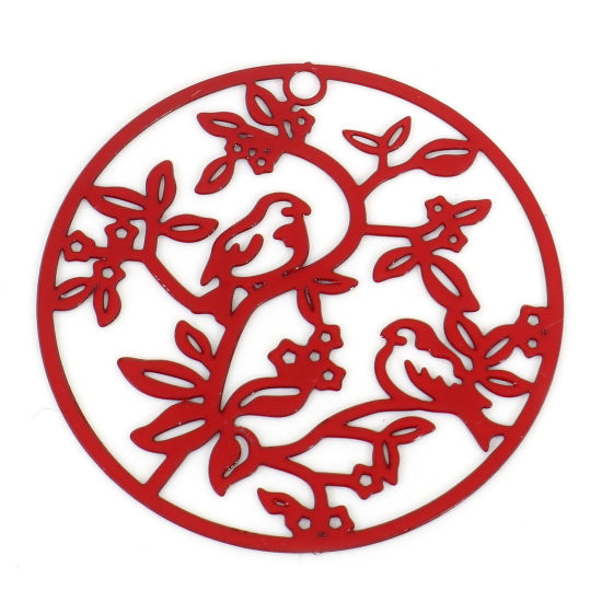 Immagine di Lega di Ferro Filigree Stamping Ciondoli Tondo Rosso Uccello Pittura 3.1cm Dia, 10 Pz